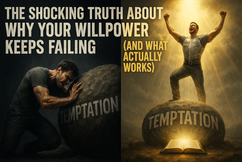 Split image showing a man failing to push a boulder labeled "temptation" with human strength on the left, and the same man standing victorious atop it with divine light on the right.