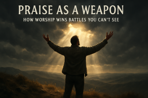 Rugged man standing on a hilltop with arms lifted toward a dramatic sky, sunlight breaking through clouds, symbolizing spiritual victory through praise.