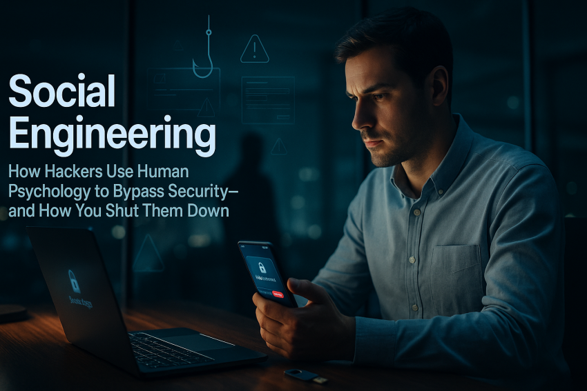 A focused man at a modern desk denies a suspicious MFA push on his phone beside a laptop, with subtle phishing icons glowing in the air and the title “Social Engineering: How Hackers Use Human Psychology to Bypass Security—and How You Shut Them Down” displayed as a clean overlay.