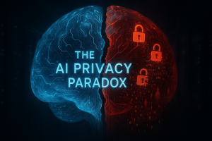 A glowing digital brain, split in two. One half is bright blue, symbolizing AI intelligence, while the other is red and leaking streams of data, representing the inherent privacy risks of AI.