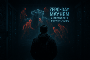 A cybersecurity defender views a holographic blueprint of a digital fortress while red, ghost-like figures representing zero-day threats pass through its walls undetected.