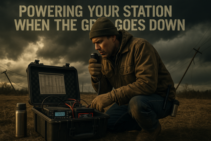 Man in work gear operating a ham radio from a field-deployed power kit during a storm, with downed power lines in background.