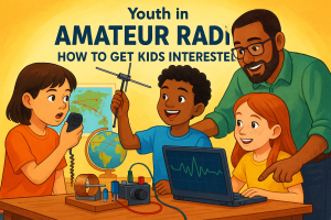 Children learning amateur radio with a mentor, using a handheld radio, antenna, and crystal radio kit, emphasizing hands-on STEM and curiosity.