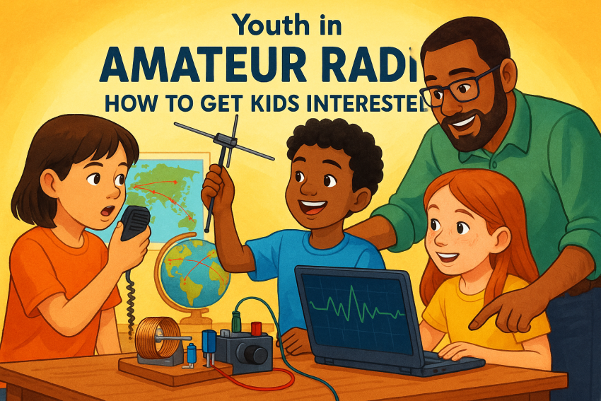 Children learning amateur radio with a mentor, using a handheld radio, antenna, and crystal radio kit, emphasizing hands-on STEM and curiosity.