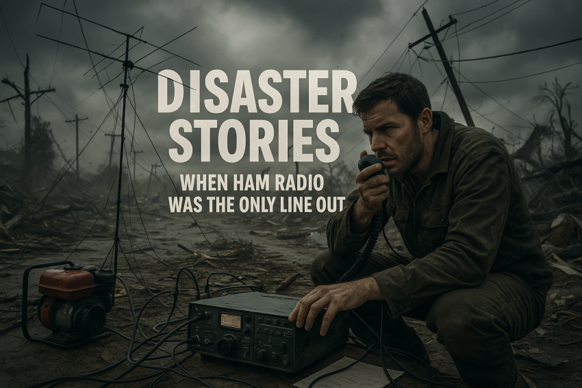 amateur radio operator setting up emergency communication equipment in a disaster zone, with antennas and cables, keeping communities connected amid storm damage.