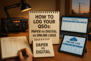 An illustration showing the three methods of QSO logging: a paper logbook, a laptop displaying digital logging software, and a tablet with an online cloud-based log, with radios and antennas in the background.