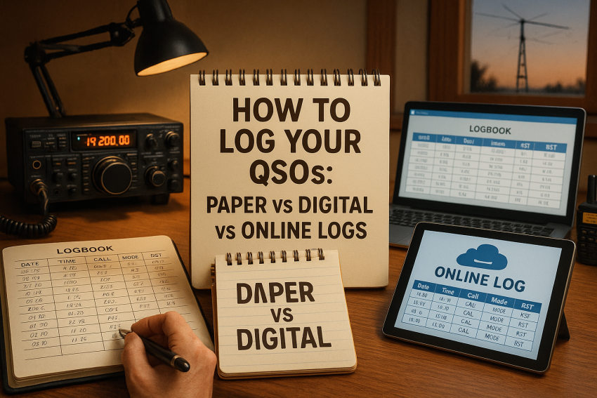 An illustration showing the three methods of QSO logging: a paper logbook, a laptop displaying digital logging software, and a tablet with an online cloud-based log, with radios and antennas in the background.