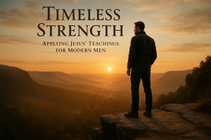 A modern man stands on a cliff at sunrise, reflecting with calm determination, symbolizing strength, resilience, and purpose. The title "Timeless Strength: Applying Jesus’ Teachings for Modern Men" is prominently displayed.