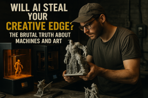 Male 3D printing enthusiast working in a workshop with AI-powered machines and detailed resin prints.