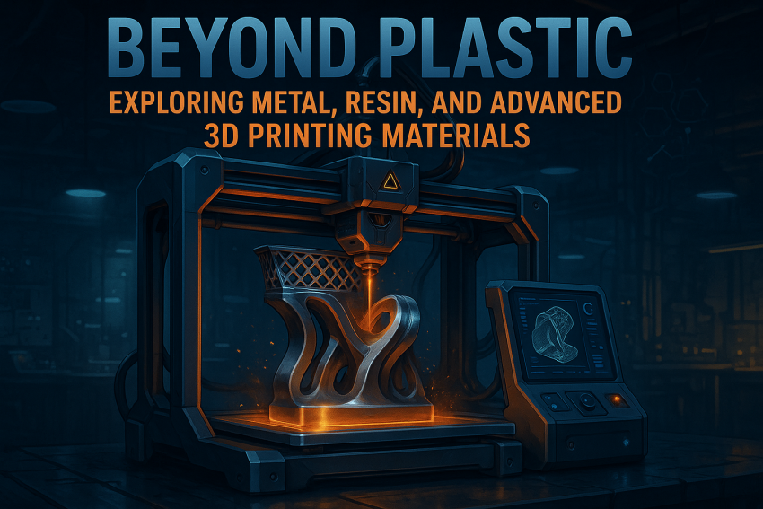 Futuristic 3D printer producing complex metal and resin objects in an industrial workshop with glowing highlights and advanced textures.