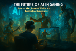 Male gamer interacting with AI-driven NPCs in a vibrant, dynamic futuristic world.