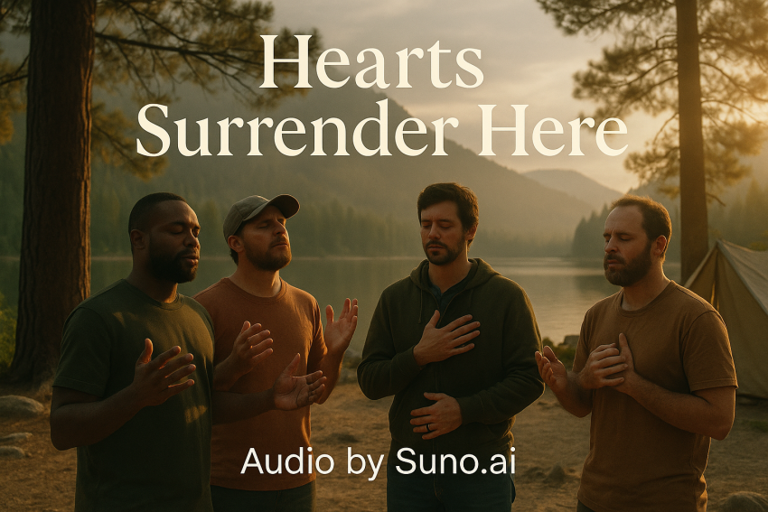 A group of men worshipping in a softly lit church, with the words “Hearts Surrender Here” displayed prominently.