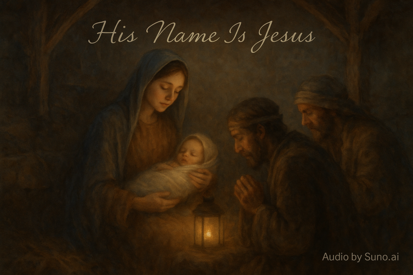 Mary quietly holds baby Jesus in a dimly lit stable as shepherds kneel nearby, inspired by the song “His Name Is Jesus.”
