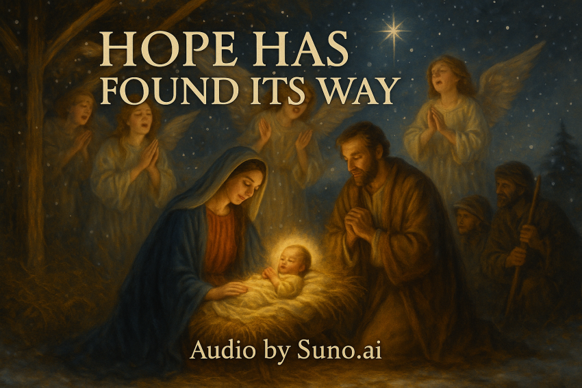 Nativity scene with Mary, Joseph, and baby Jesus in the manger, angels and shepherds nearby, glowing stars overhead, symbolizing hope and divine love.