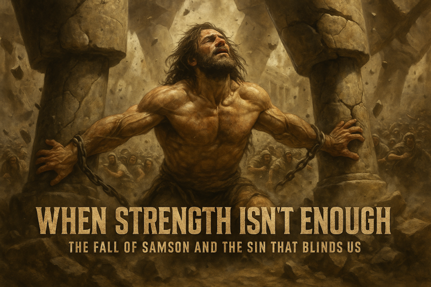 Samson, blind and chained, pushes against the collapsing Philistine temple pillars as crowds panic, showing the fall of strength and the cost of sin.