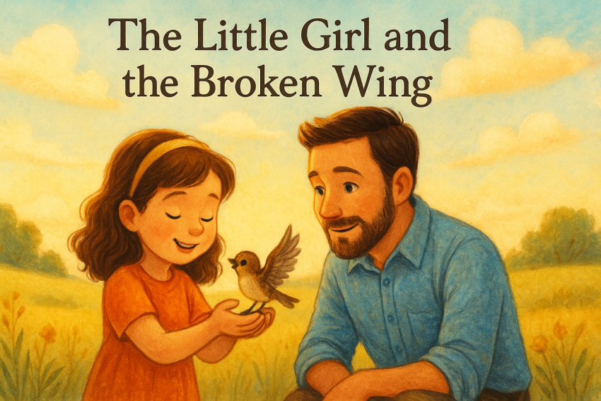 A young girl holds a small bird with a broken wing while standing with her father in a sunny field, looking hopeful as the bird begins to flap its wings.