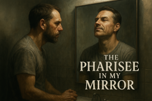 Rugged man staring into a mirror, one side proud, one side humble, reflecting spiritual self-examination; title “The Pharisee in My Mirror.”