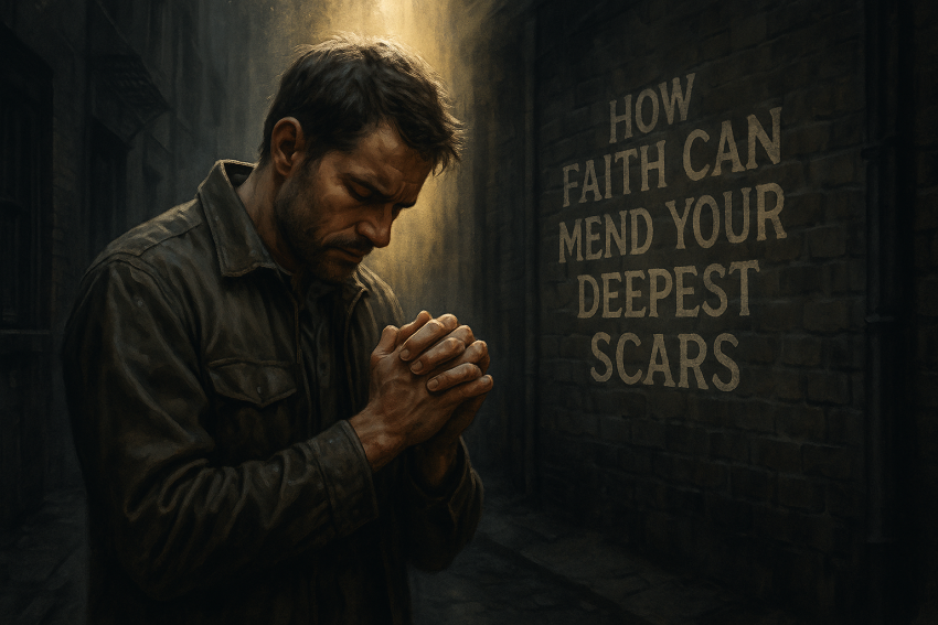 A rugged man prays in a dimly lit alley, with golden light breaking through shadows, symbolizing hope and healing. The title “How Faith Can Mend Your Deepest Scars” appears on a brick wall in the background.