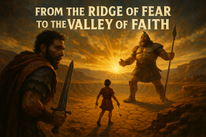 A young David faces the giant Goliath in the Valley of Elah, while a soldier watches from the ridge, capturing fear, awe, and the power of faith.