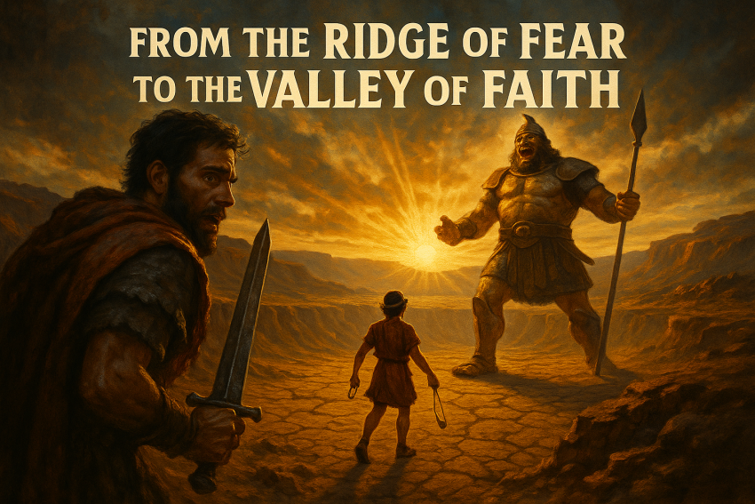 A young David faces the giant Goliath in the Valley of Elah, while a soldier watches from the ridge, capturing fear, awe, and the power of faith.