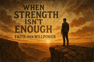 Man standing alone on a rugged cliff at sunrise, contemplative, with the devotional title “When Strength Isn’t Enough: Faith Over Willpower” visually integrated into the scene, symbolizing perseverance, faith, and reliance on God’s strength.