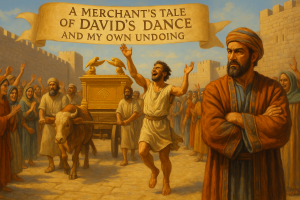 A vibrant scene of King David dancing before the Ark of the Covenant in ancient Jerusalem, with a crowd of Israelites watching. A merchant, Eliab, stands in the foreground with a conflicted expression, while a banner in the sky reads, “A Merchant’s Tale of David’s Dance and My Own Undoing.”