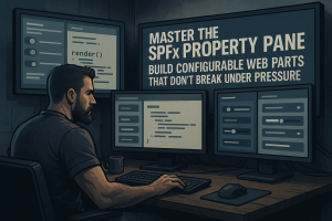 Illustration of a developer mastering SPFx Property Pane with multiple monitors showing web part configuration, toggles, sliders, and dropdowns.