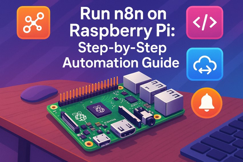 Digital illustration of a Raspberry Pi on a desk surrounded by colorful icons representing workflow automation, APIs, notifications, and cloud integrations. The title “Run n8n on Raspberry Pi: Step-by-Step Automation Guide” is displayed prominently.