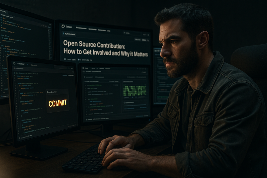 A determined programmer contributing to open source, coding at multiple monitors with visible GitHub interface and collaboration icons.