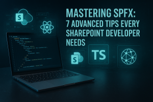 Illustration of a modern developer workspace with SPFx code on a laptop screen, highlighting SharePoint, React, TypeScript, and Microsoft Graph API. The image features the blog title “Mastering SPFx: 7 Advanced Tips Every SharePoint Developer Needs.”