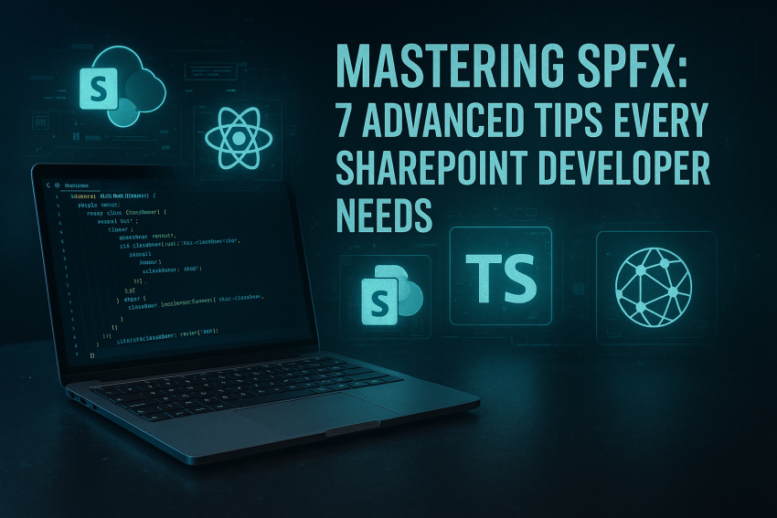 Illustration of a modern developer workspace with SPFx code on a laptop screen, highlighting SharePoint, React, TypeScript, and Microsoft Graph API. The image features the blog title “Mastering SPFx: 7 Advanced Tips Every SharePoint Developer Needs.”