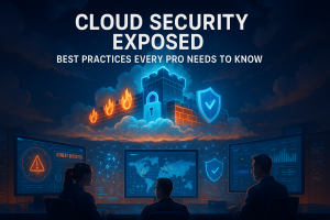 A digital fortress in the cloud protected by encryption shields and firewalls, with security analysts monitoring activity on futuristic holographic screens. The title “Cloud Security Exposed: Best Practices Every Pro Needs to Know” is visible in the scene.
