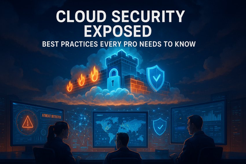 A digital fortress in the cloud protected by encryption shields and firewalls, with security analysts monitoring activity on futuristic holographic screens. The title “Cloud Security Exposed: Best Practices Every Pro Needs to Know” is visible in the scene.