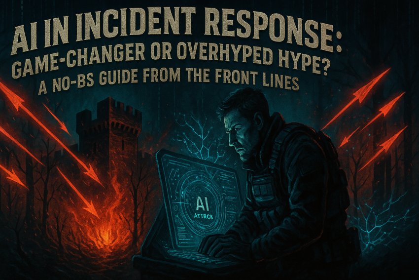 Gritty cyberpunk scene of a cybersecurity analyst at a holographic console battling digital threats in a dark network forest, with the title "AI in Incident Response: Game-Changer or Overhyped Hype? A No-BS Guide from the Front Lines" overlaid as a banner.