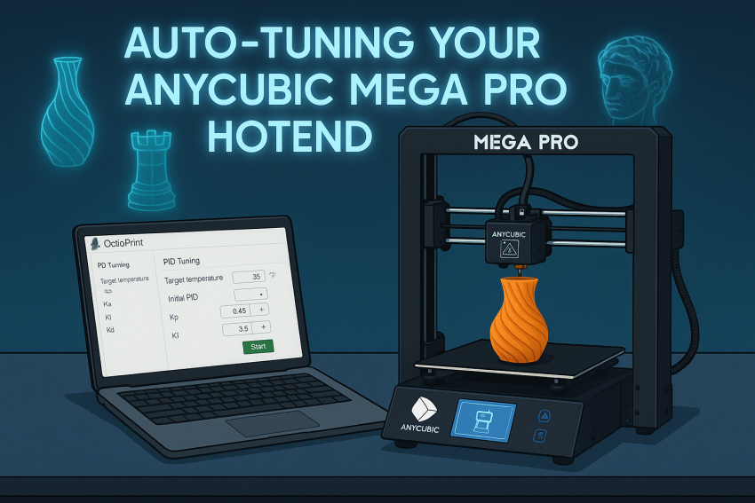 A digital illustration of an AnyCubic Mega Pro 3D printer on a desk, with a laptop showing OctoPrint’s PID tuning interface. The title “Auto-Tuning Your AnyCubic Mega Pro Hotend” is projected above in a futuristic font, with glowing 3D-printed objects in the background.
