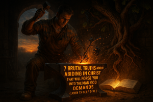 A determined man forges a glowing grapevine branch in a fiery blacksmith shop, with the blog title “7 Brutal Truths About Abiding in Christ That Will Forge You Into the Man God Demands (John 15 Deep Dive)” etched on the anvil and an ancient vine rooted in an open Bible.