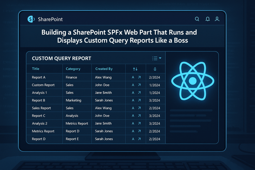 Futuristic SharePoint SPFx dashboard displaying a dynamic query web part with sortable tables.
