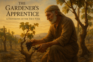 Elderly vineyard worker tending vines at sunrise, symbolizing faith and spiritual growth in The Gardener’s Apprentice: A Testimony of the True Vine.