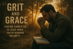 Man sitting outdoors at dawn, reading the Bible and praying, reflecting on spiritual endurance and connection to Jesus.