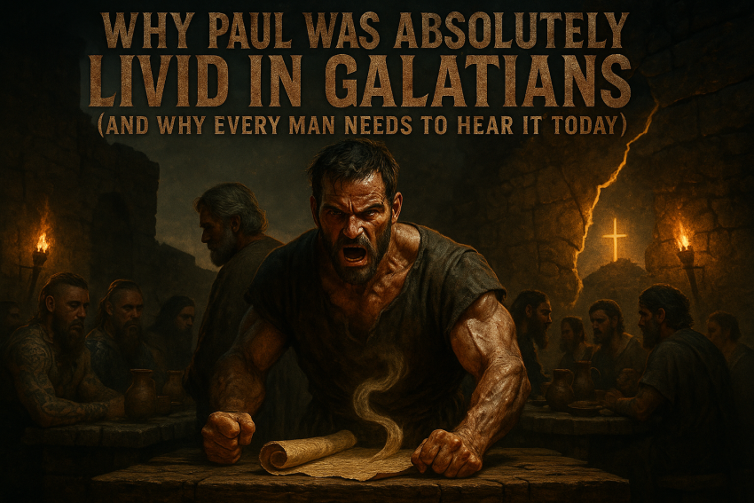Paul confronts Peter at a fractured table in ancient Antioch as Celtic and Jewish believers watch; title “Why Paul Was Absolutely Livid in Galatians” glows above a cracked wall and distant cross.