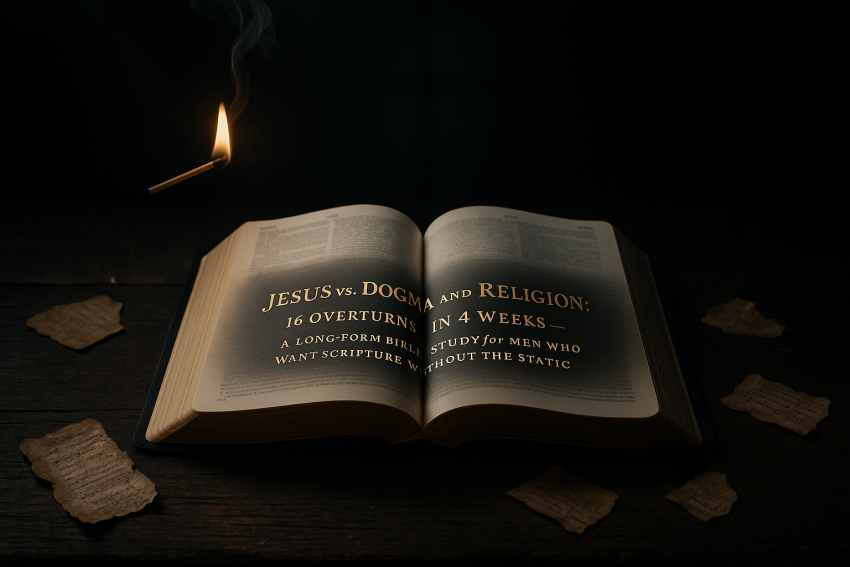 Open ESV Bible on dark oak table displaying the study title in gold, torn parchment rules scattered, lit match hovering—symbolizing Jesus burning religious add-ons.