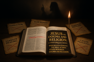 Open ESV Bible on dark oak displaying Week 1 title in gold, four torn tradition scrolls crossed out, lit match hovering—Jesus nullifying religious add-ons.