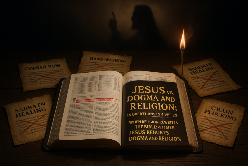 Open ESV Bible on dark oak displaying Week 1 title in gold, four torn tradition scrolls crossed out, lit match hovering—Jesus nullifying religious add-ons.