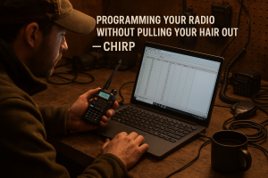 Man programming his handheld ham radio with CHIRP software at a workbench surrounded by tools and cables.