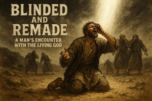 A man kneels on a dusty road, blinded by a brilliant white light from the sky, with companions shielding their eyes behind him. The scene evokes humility, brokenness, and spiritual transformation. Title: “Blinded and Remade: A Man’s Encounter with the Living God.”