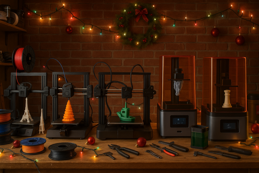 Holiday-themed 3D printing workshop featuring five affordable 3D printers on a wooden workbench, with filament spools, resin tanks, and colorful Christmas lights and ornaments, showing diverse 3D prints in progress and a cozy, creative workspace.