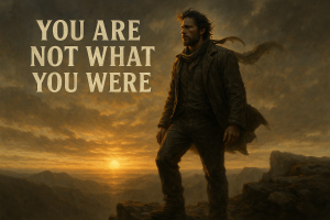Rugged man on a cliff at sunrise, looking forward with determination, with the title “You Are Not What You Were” integrated into the sky, symbolizing spiritual transformation and victory over past struggles.