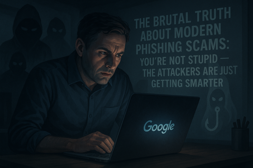 Man cautiously viewing a laptop as shadowy digital phishing icons loom behind, representing online credential theft and cybersecurity threats.