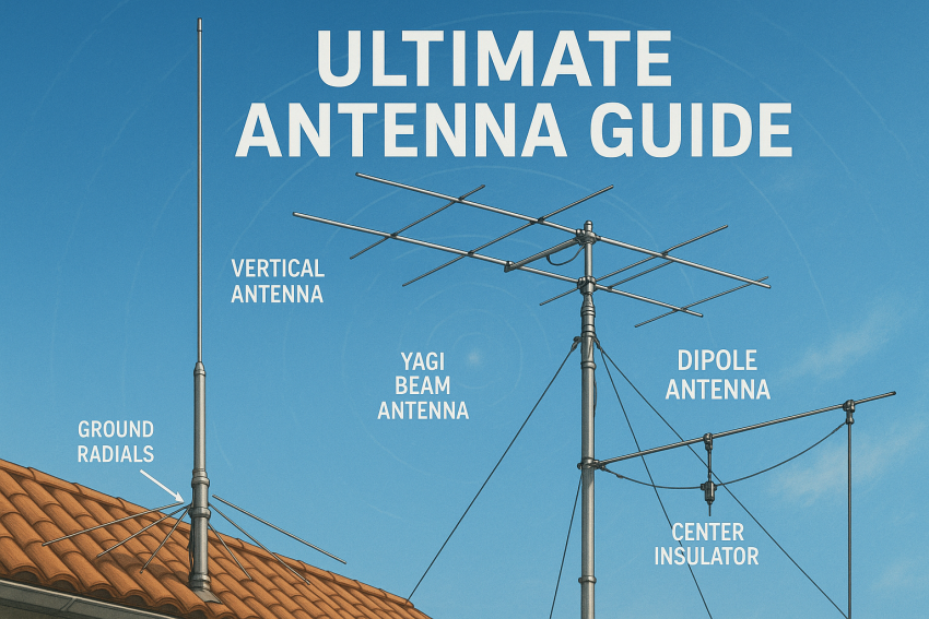 Outdoor ham radio antenna setup featuring vertical, dipole, and Yagi antennas with labeled components and propagation wave patterns, titled “Ultimate Antenna Guide.”