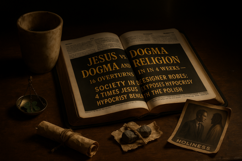 Open ESV at Matthew 23:25 with Week 2 title in gold; stained cup, mint scales, burden scroll, faded “Holiness” graphic—man’s shocked reflection reveals inner Pharisee.